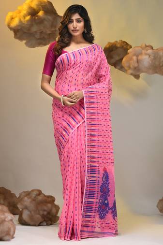 Pink silk cotton handwoven soft jamdani saree