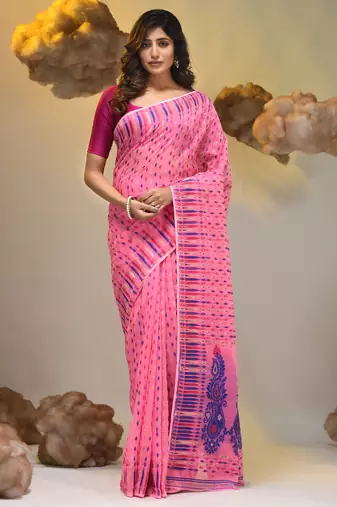 Pink silk cotton handwoven soft jamdani saree