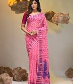 Pink silk cotton handwoven soft jamdani saree