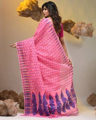 Pink silk cotton handwoven soft jamdani saree 2