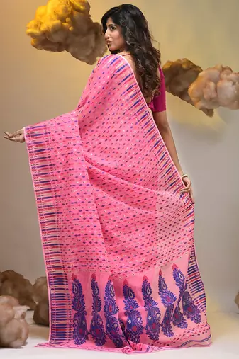 Pink silk cotton handwoven soft jamdani saree