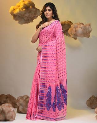 Pink silk cotton handwoven soft jamdani saree 3