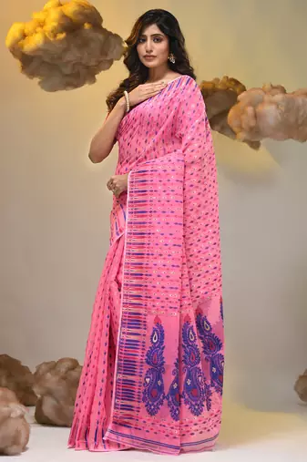 Pink silk cotton handwoven soft jamdani saree
