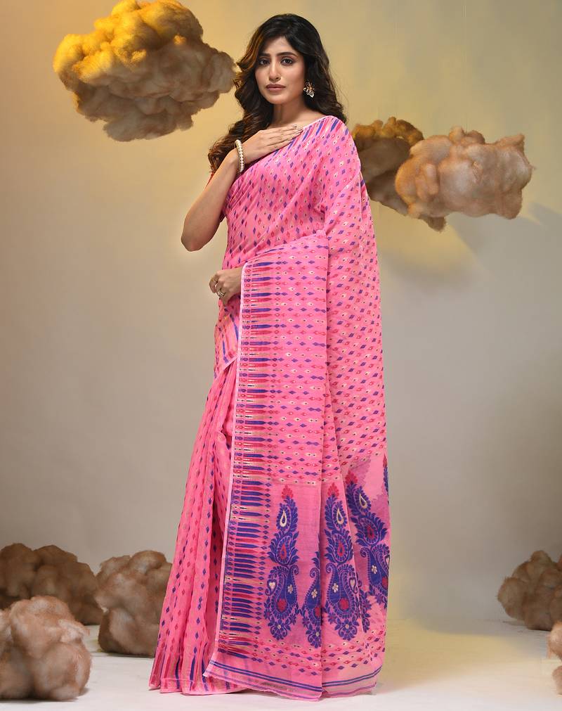 Pink silk cotton handwoven soft jamdani saree