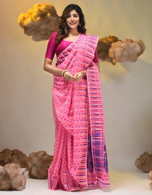 Pink silk cotton handwoven soft jamdani saree 5