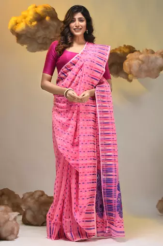Pink silk cotton handwoven soft jamdani saree