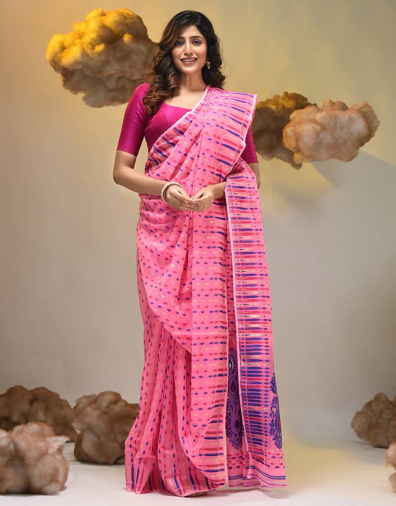 Pink silk cotton handwoven soft jamdani saree