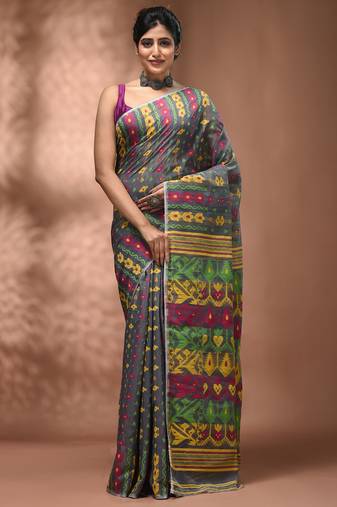 Grey silk cotton handwoven soft jamdani saree