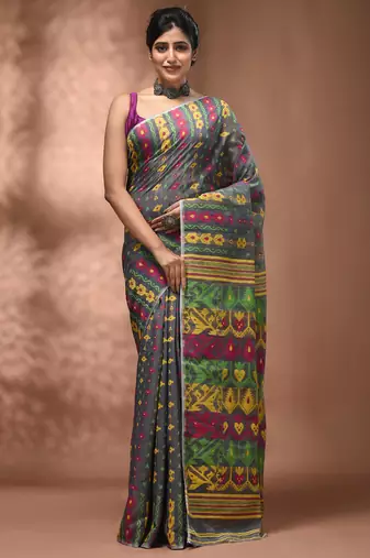 Grey silk cotton handwoven soft jamdani saree