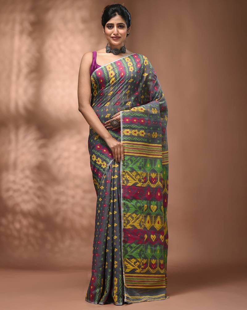 Grey silk cotton handwoven soft jamdani saree