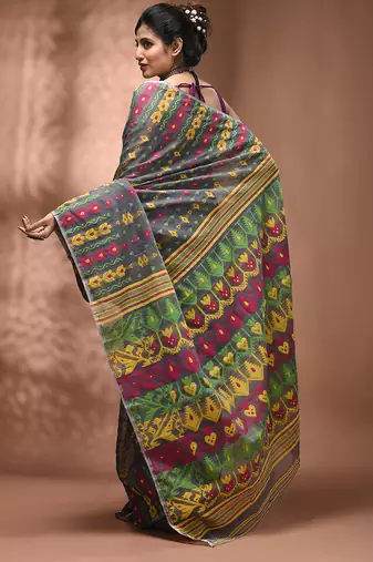 Grey silk cotton handwoven soft jamdani saree