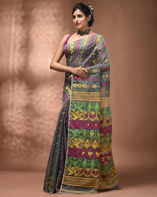 Grey silk cotton handwoven soft jamdani saree 3