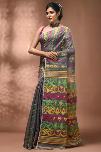 Grey silk cotton handwoven soft jamdani saree