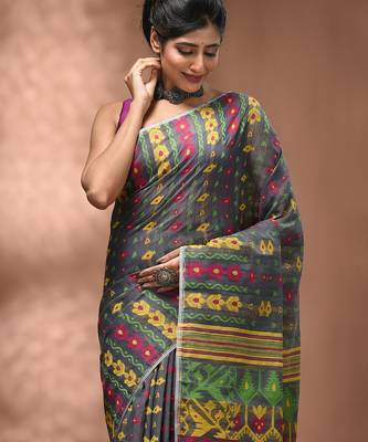 Grey silk cotton handwoven soft jamdani saree 4