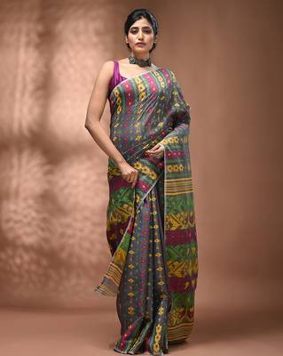 Grey silk cotton handwoven soft jamdani saree 5