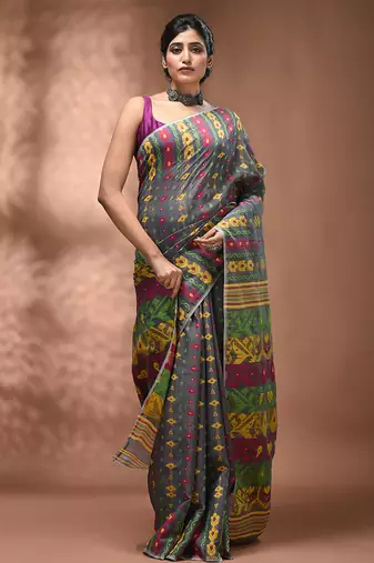 Grey silk cotton handwoven soft jamdani saree