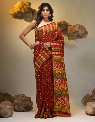 Red silk cotton handwoven soft jamdani saree 1