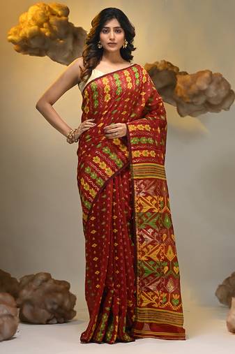 Red silk cotton handwoven soft jamdani saree