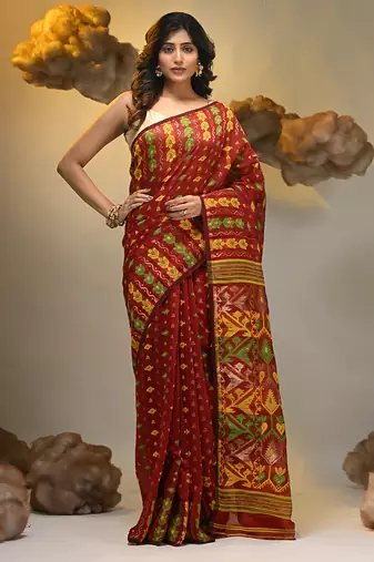 Red silk cotton handwoven soft jamdani saree