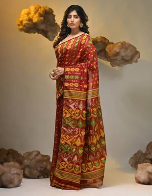 Red silk cotton handwoven soft jamdani saree 3