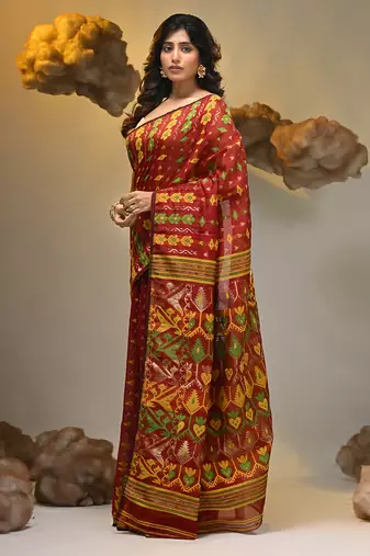 Red silk cotton handwoven soft jamdani saree