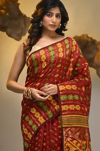 Red silk cotton handwoven soft jamdani saree
