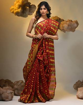 Red silk cotton handwoven soft jamdani saree 5