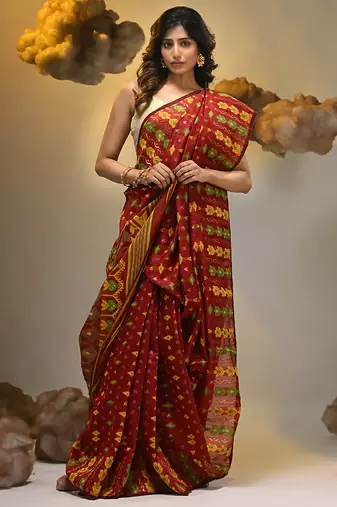 Red silk cotton handwoven soft jamdani saree