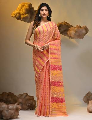 Peach silk cotton handwoven soft jamdani saree 1