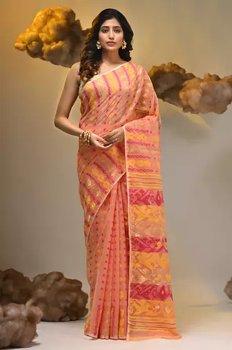 Peach silk cotton handwoven soft jamdani saree