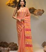 Peach silk cotton handwoven soft jamdani saree