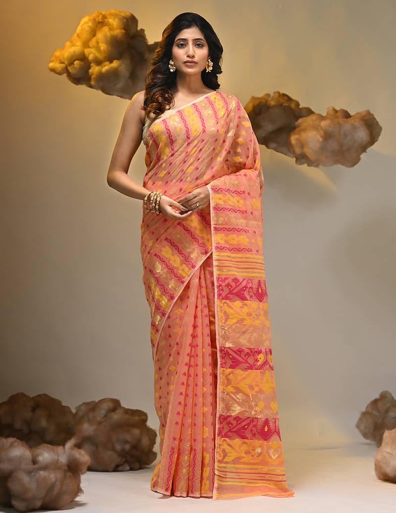 Peach silk cotton handwoven soft jamdani saree