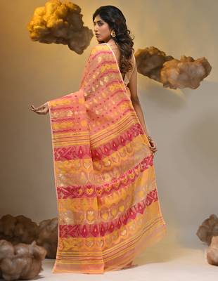 Peach silk cotton handwoven soft jamdani saree 2
