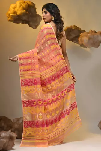 Peach silk cotton handwoven soft jamdani saree