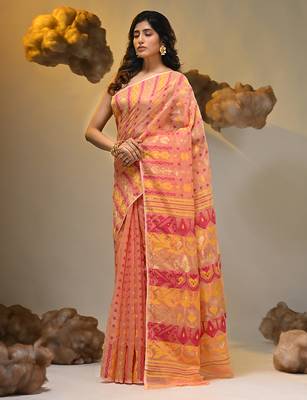 Peach silk cotton handwoven soft jamdani saree 3