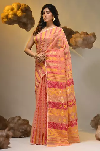 Peach silk cotton handwoven soft jamdani saree