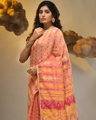 Peach silk cotton handwoven soft jamdani saree 4