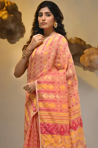 Peach silk cotton handwoven soft jamdani saree