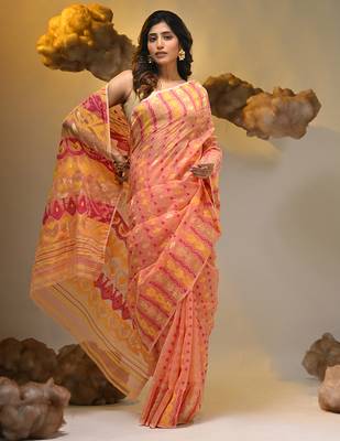 Peach silk cotton handwoven soft jamdani saree 5