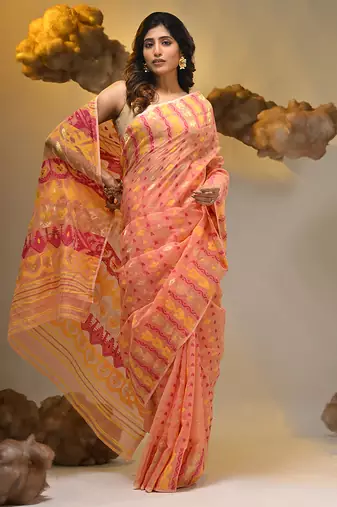 Peach silk cotton handwoven soft jamdani saree