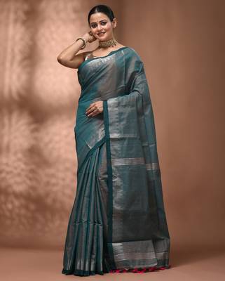 Teal tissue handwoven saree with zari woven temple borders 1