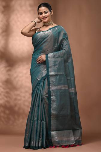 Teal tissue handwoven saree with zari woven temple borders
