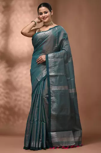 Teal tissue handwoven saree with zari woven temple borders