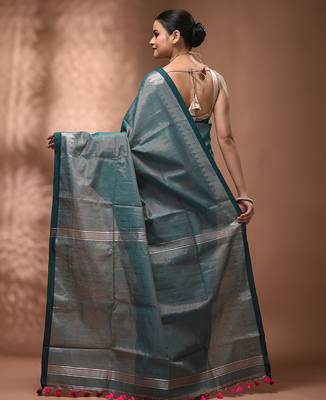 Teal tissue handwoven saree with zari woven temple borders 2