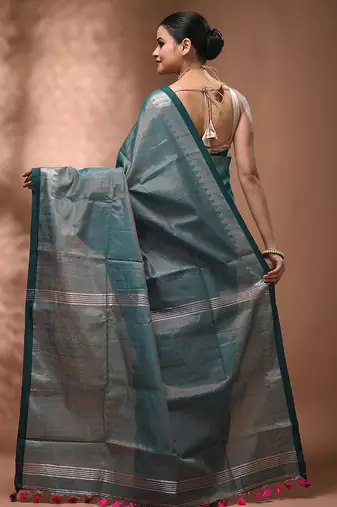 Teal tissue handwoven saree with zari woven temple borders