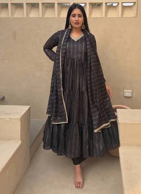 Festive black striped anarkali suit with dupatta and pant set 1