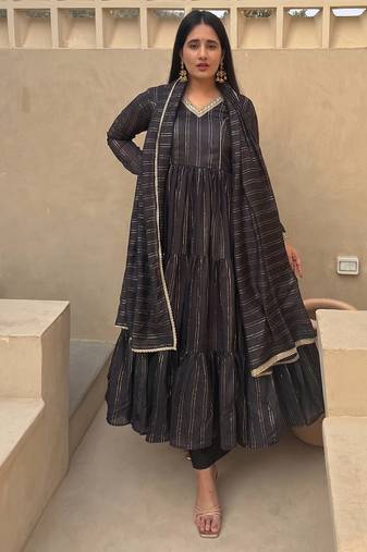Festive black striped anarkali suit with dupatta and pant set