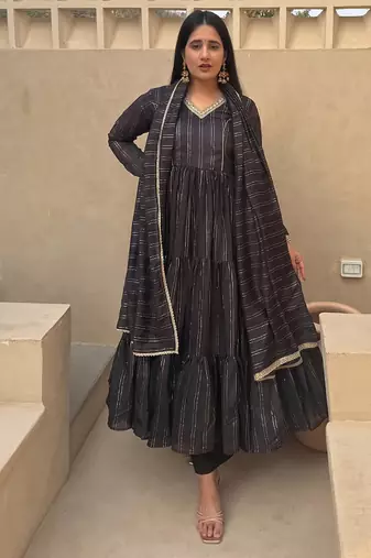 Festive black striped anarkali suit with dupatta and pant set