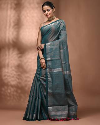 Teal tissue handwoven saree with zari woven temple borders 3