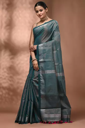 Teal tissue handwoven saree with zari woven temple borders